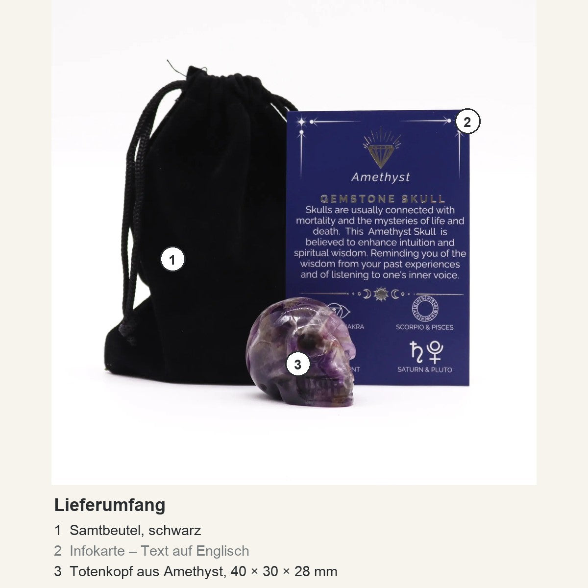 Lieferumfang: Totenkopf aus Amethyst, schwarzer Samtbeutel und englische Infokarte