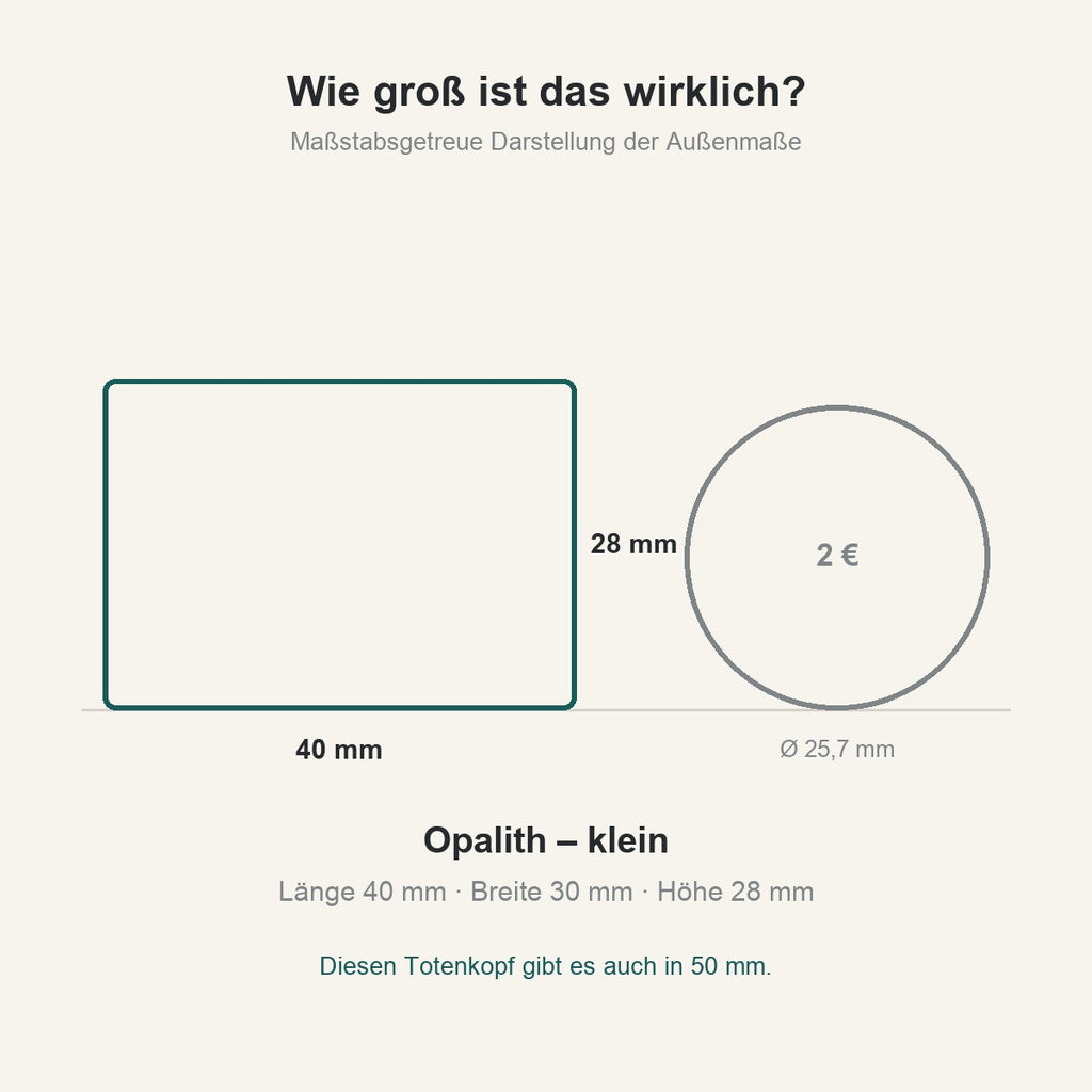 Größenvergleich: Opalith-Totenkopf 40 mm neben einer 2-Euro-Münze, maßstabsgetreu