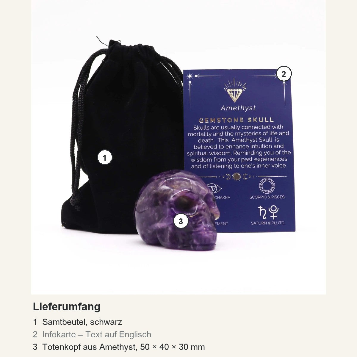 Lieferumfang: großer Totenkopf aus Amethyst, schwarzer Samtbeutel und englische Infokarte