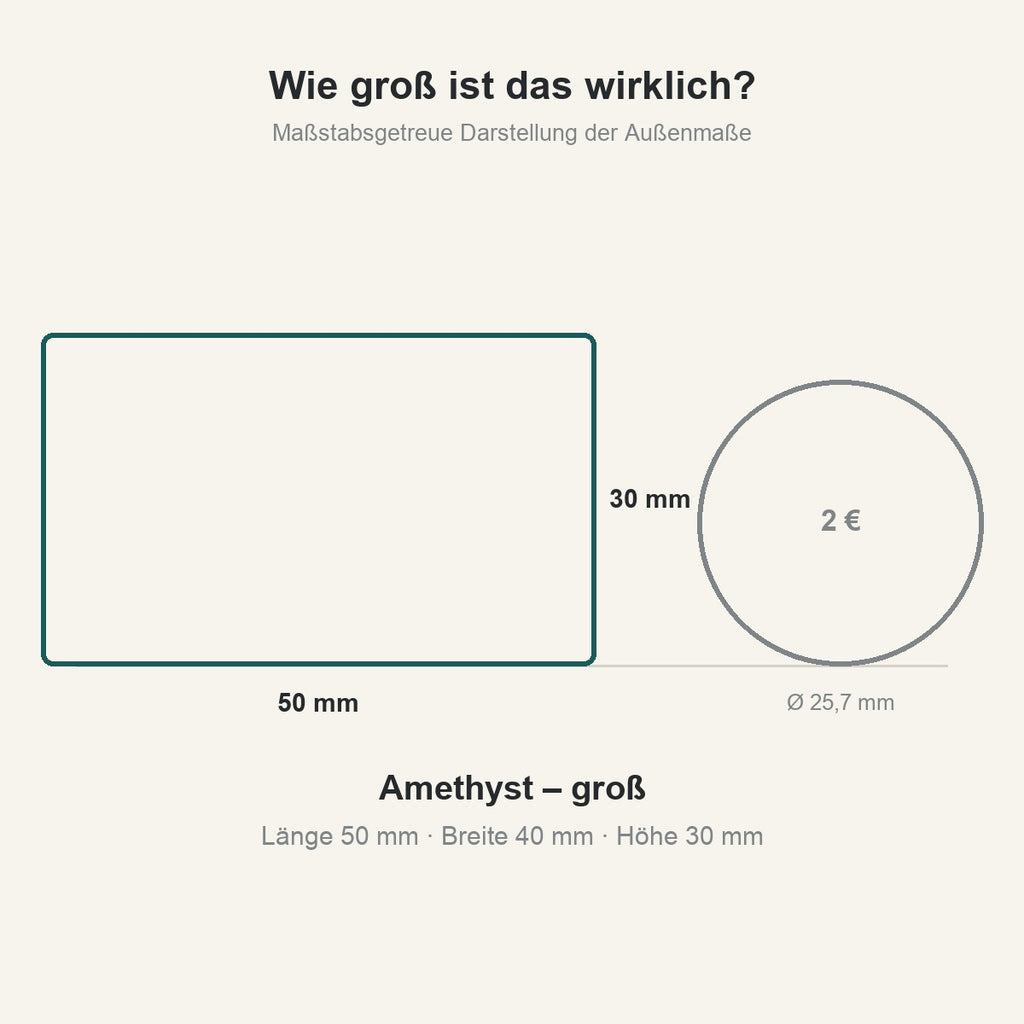 Größenvergleich: großer Amethyst-Totenkopf 50 mm neben einer 2-Euro-Münze, maßstabsgetreu