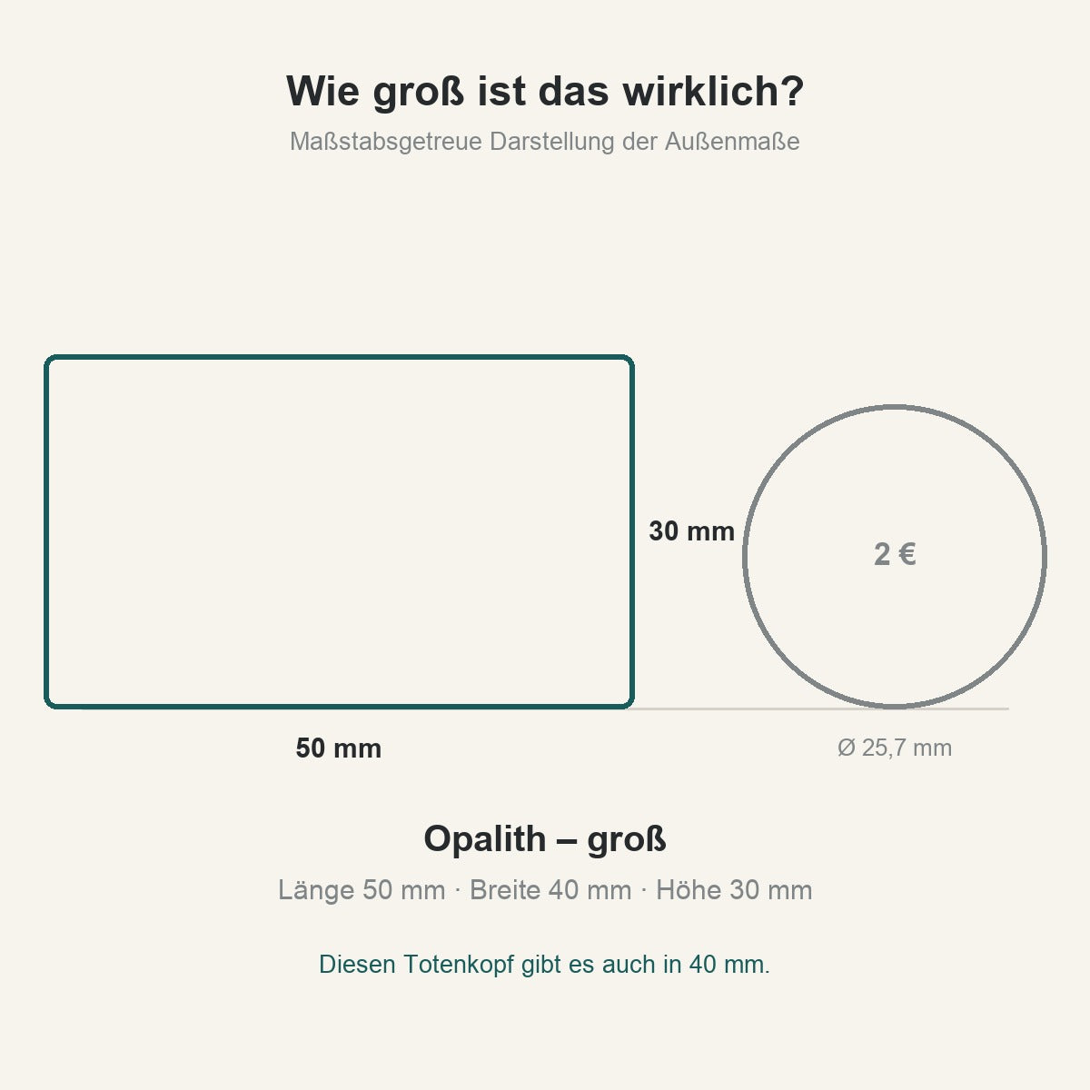 Größenvergleich: großer Opalith-Totenkopf 50 mm neben einer 2-Euro-Münze, maßstabsgetreu