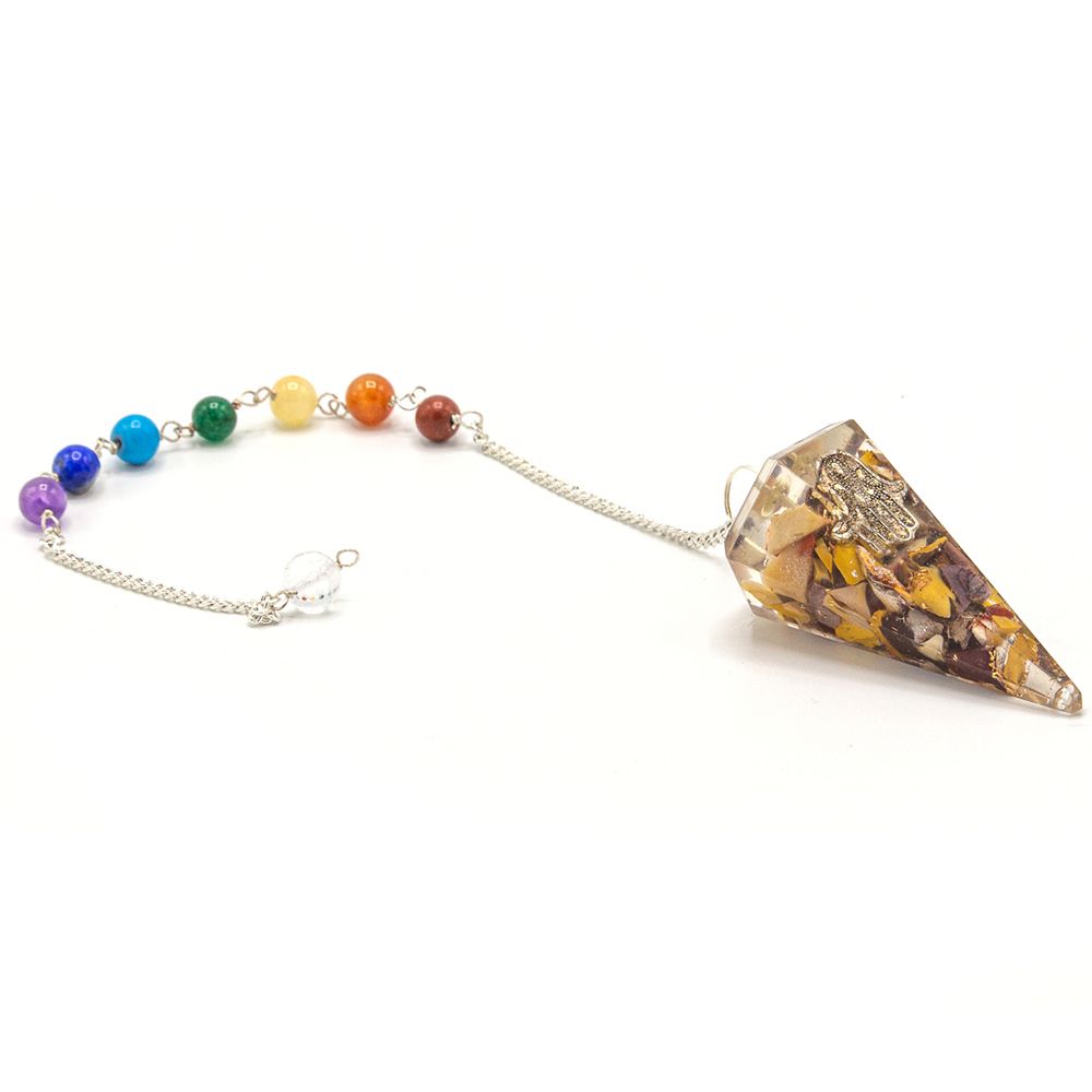 Orgonit-Pendel an einer Kette mit Chakra-Perlen: Hamsa-Hand – Ansicht 2