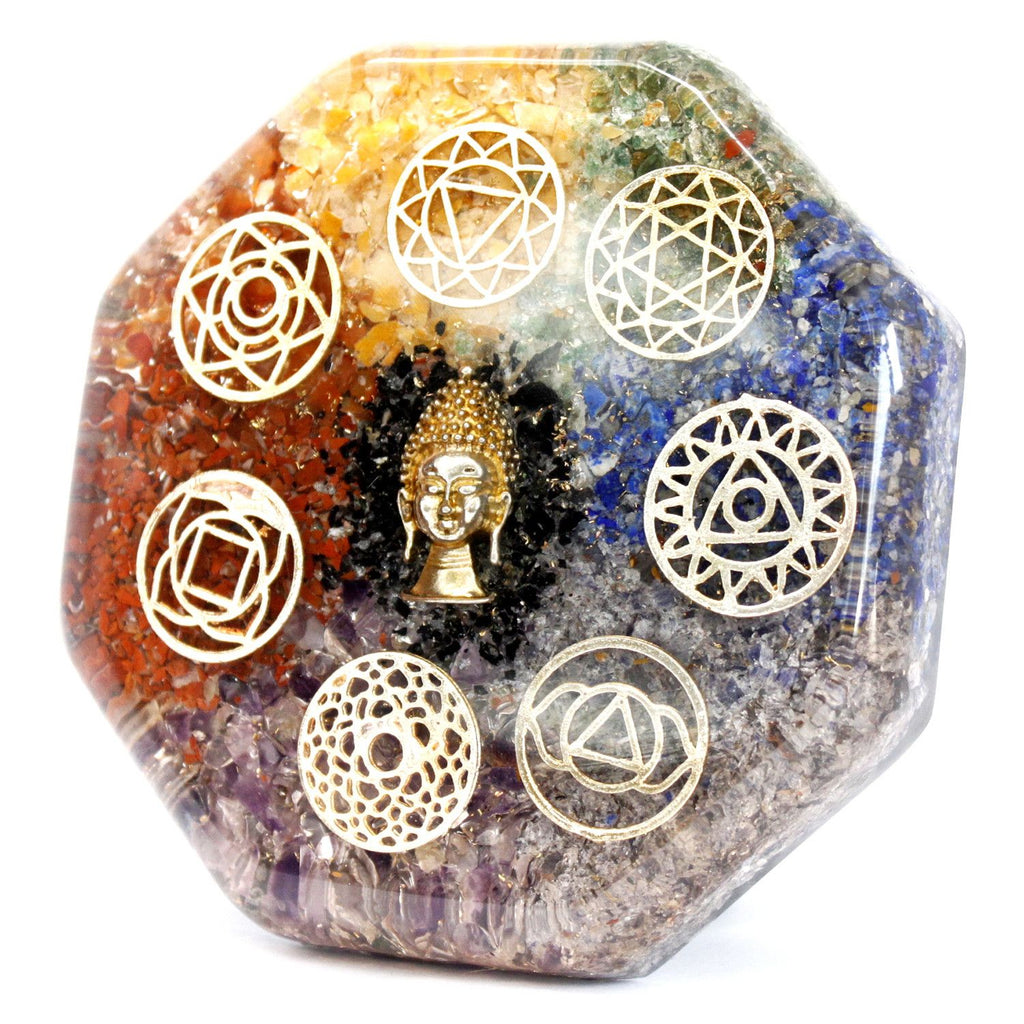 Handgegossenes Orgonit-Objekt: Buddha mit Chakra-Steinen, groß – Ansicht 4