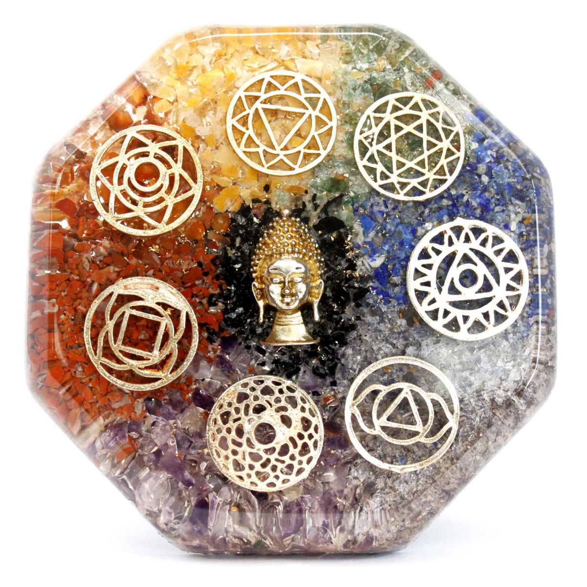 Handgegossenes Orgonit-Objekt: Buddha mit Chakra-Steinen, groß – Ansicht 2