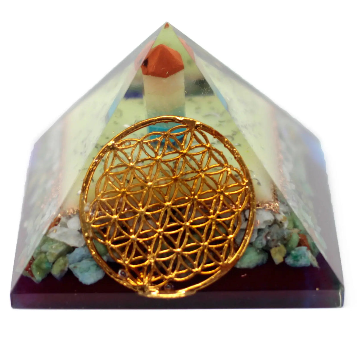 Orgonit-Pyramide – Blume des Lebens, 70 mm – Orgonit-Pyramide mit eingelegtem Symbol der Blume des Lebens