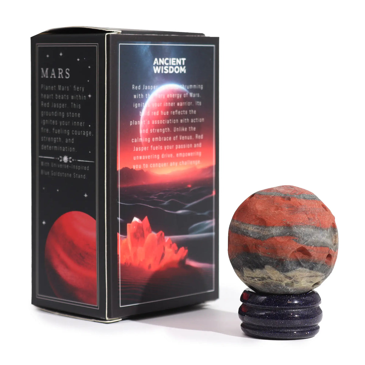 Edelstein-Planet Roter Jaspis – Mars – polierte Kugel 40 mm auf Goldfluss-Sockel