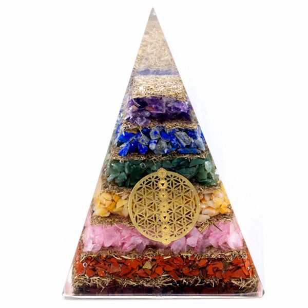 Orgonit-Pyramide – Sieben Chakren und Blume des Lebens, 70 mm – Orgonit-Pyramide mit Chakra-Steinen und dem Symbol der Blume des Lebens