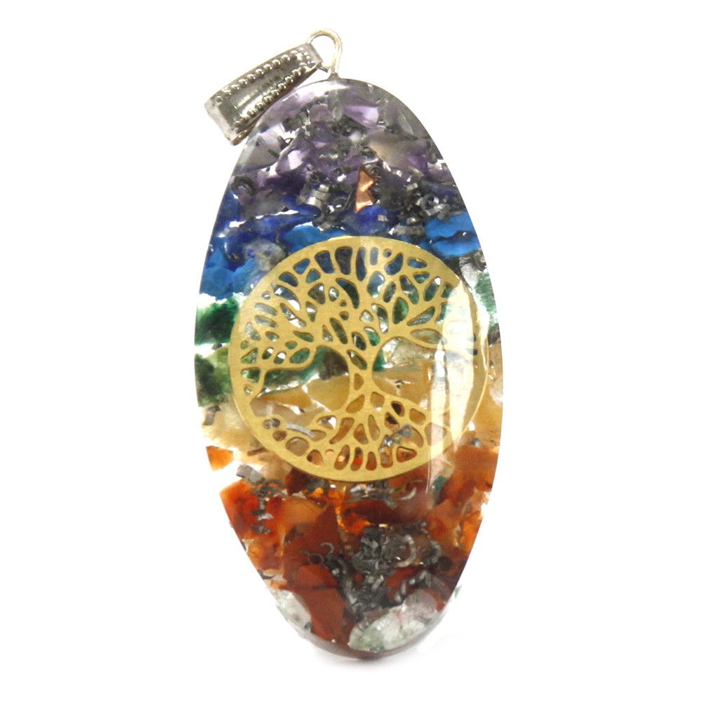 Orgonit-Anhänger an einer Kette: Sieben Chakra-Steine, Oval mit Lebensbaum