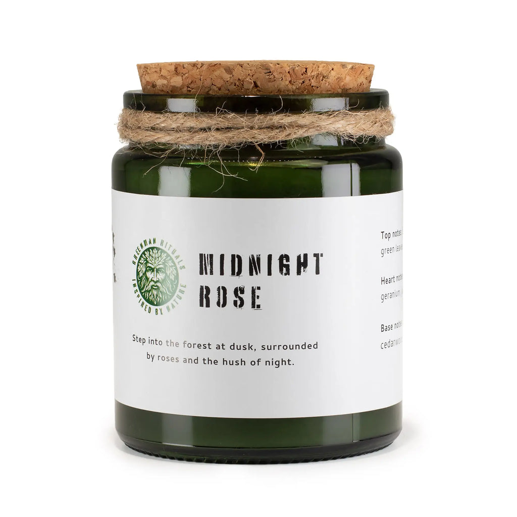 Sojawachskerze mit Holzdocht – Mitternachtsrose – Sojawachskerze mit Holzdocht der Marke Greenman. Der Docht knistert beim Brennen