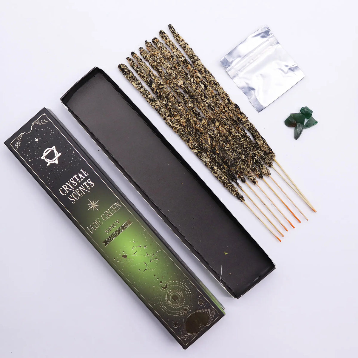 Räucherstäbchen Würzmischung mit Splittern aus Jade, bedruckte Packung