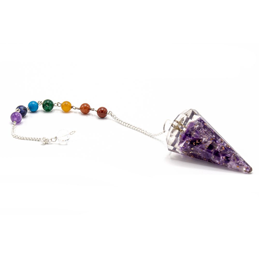 Orgonit-Pendel an einer Kette mit Chakra-Perlen: Amethyst – Ansicht 3