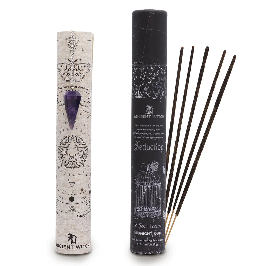 Räucherstäbchen-Set Verführung mit Amethyst-Pendel und Deutungskarte