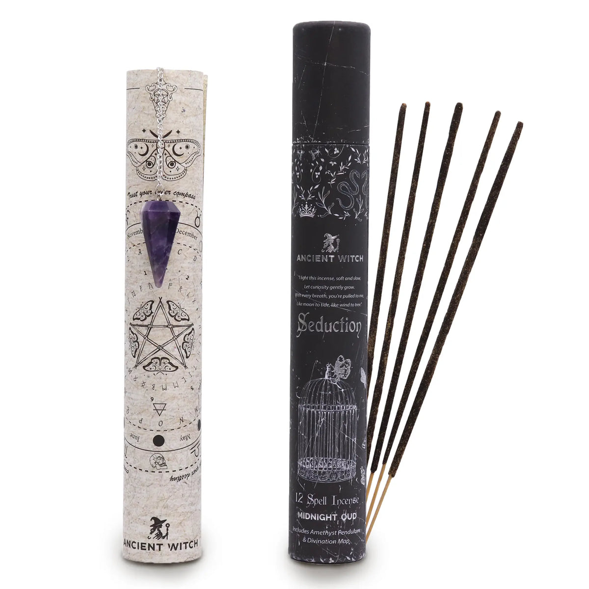 Räucherstäbchen-Set Verführung mit Amethyst-Pendel und Deutungskarte