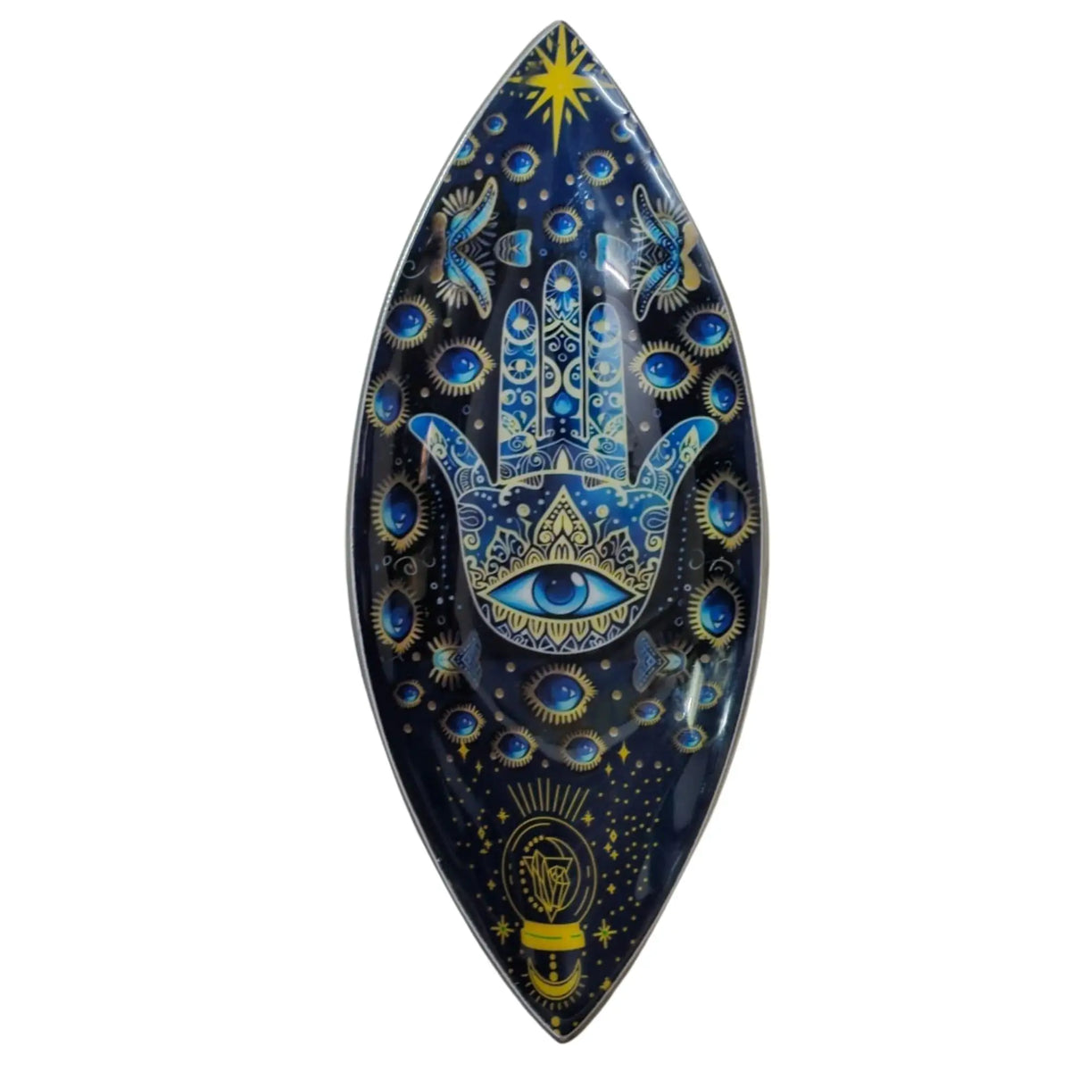 Räucherschale Aluminium – Hamsa, Blau – Räucherschale aus Aluminium mit emailliertem Hamsa-Motiv in Blau