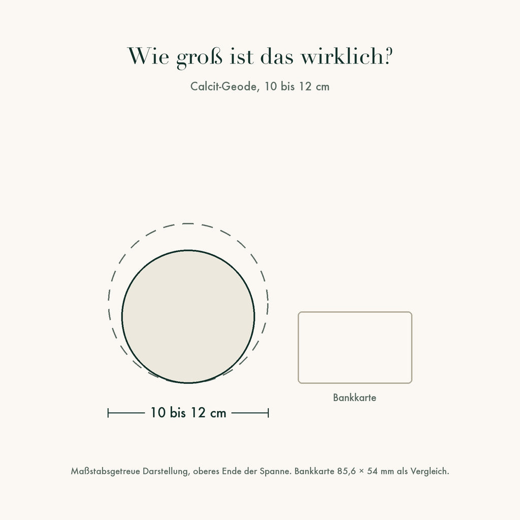 Größenvergleich: Calcit-Geode 10 bis 12 cm neben einer Bankkarte, maßstabsgetreu