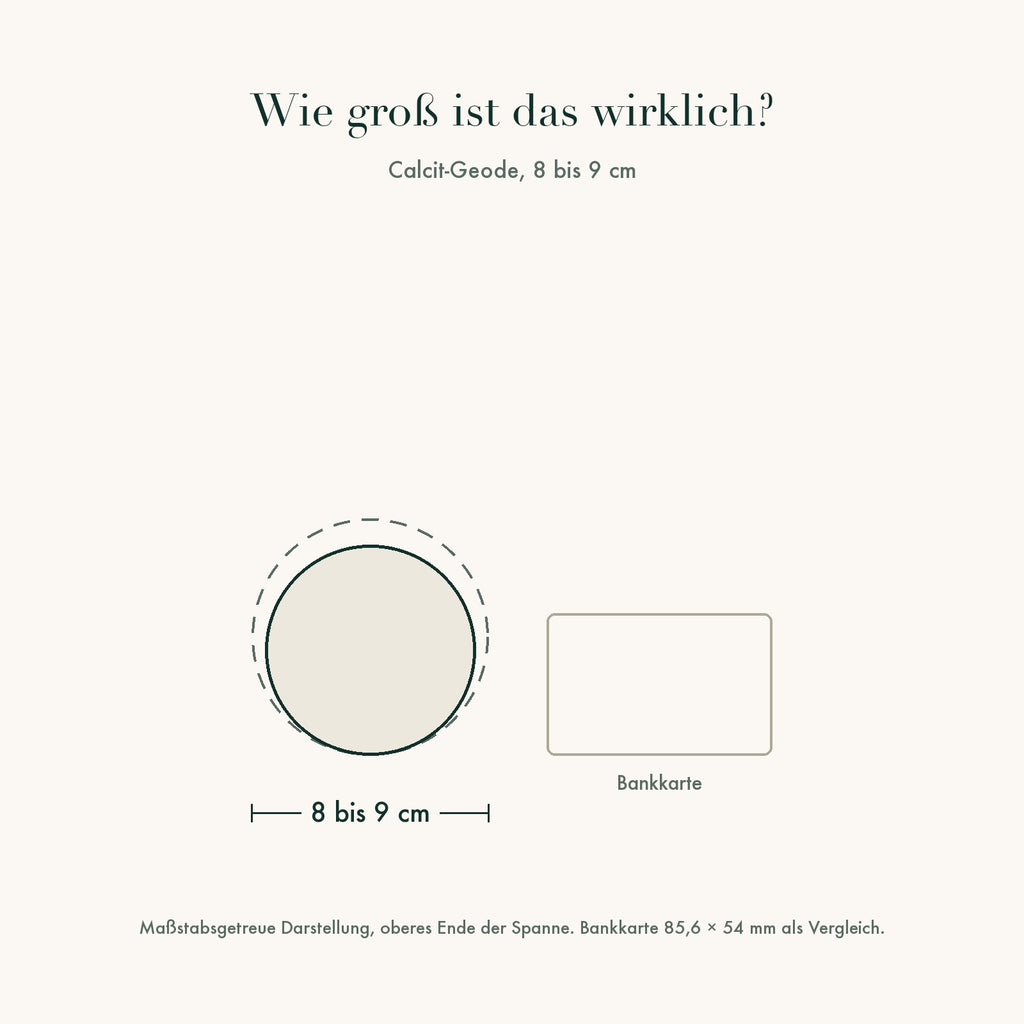 Größenvergleich: Calcit-Geode 8 bis 9 cm neben einer Bankkarte, maßstabsgetreu