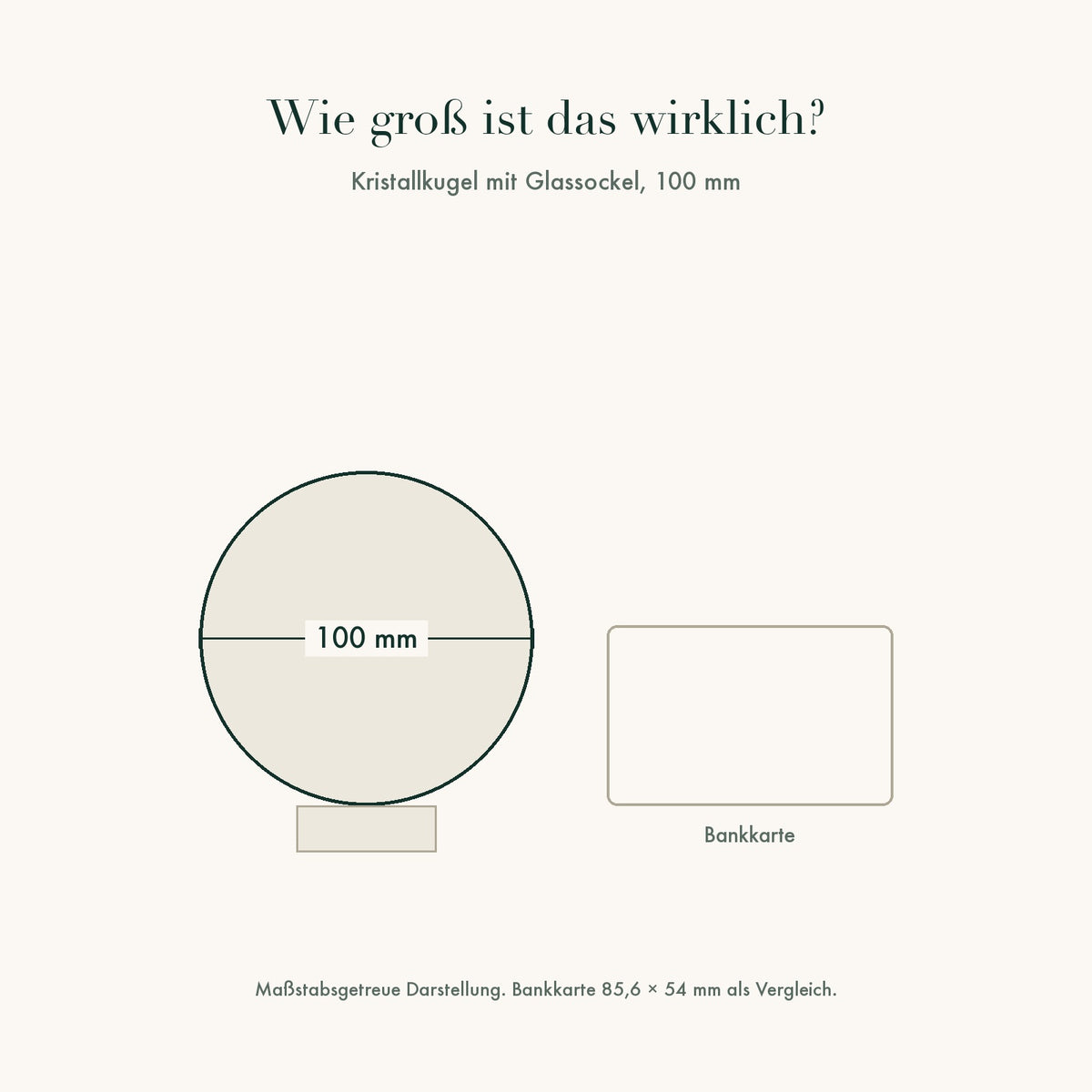 Größenvergleich: Kristallkugel 100 mm neben einer Bankkarte, maßstabsgetreu