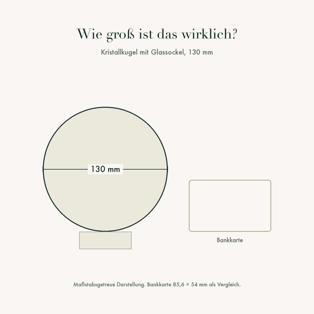 Größenvergleich: Kristallkugel 130 mm neben einer Bankkarte, maßstabsgetreu