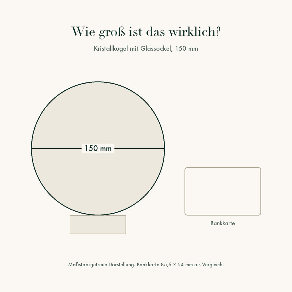 Größenvergleich: Kristallkugel 150 mm neben einer Bankkarte, maßstabsgetreu
