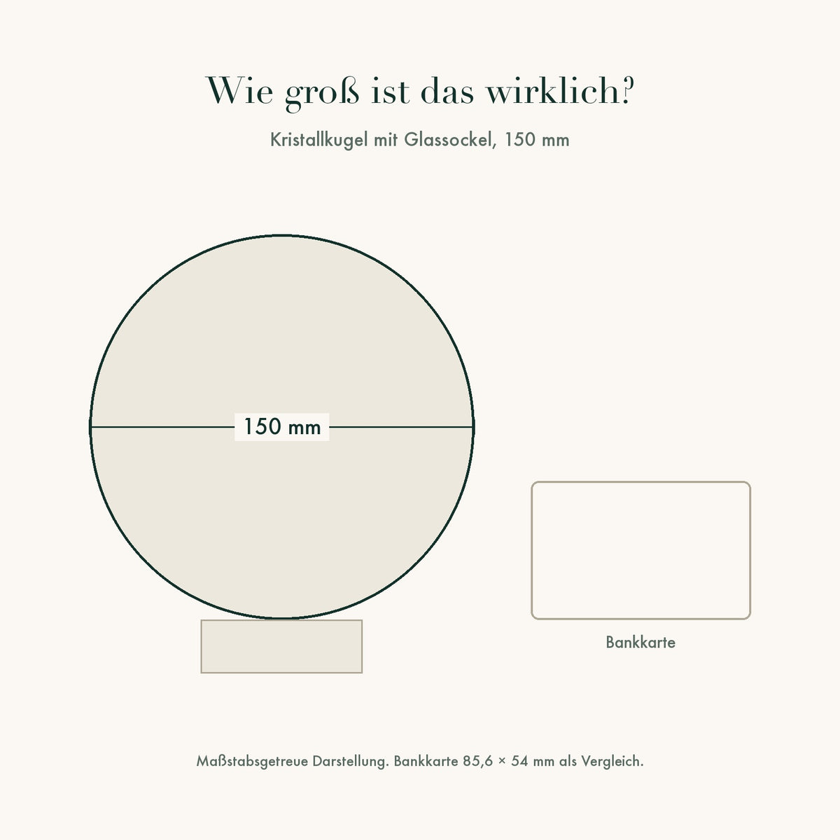Größenvergleich: Kristallkugel 150 mm neben einer Bankkarte, maßstabsgetreu