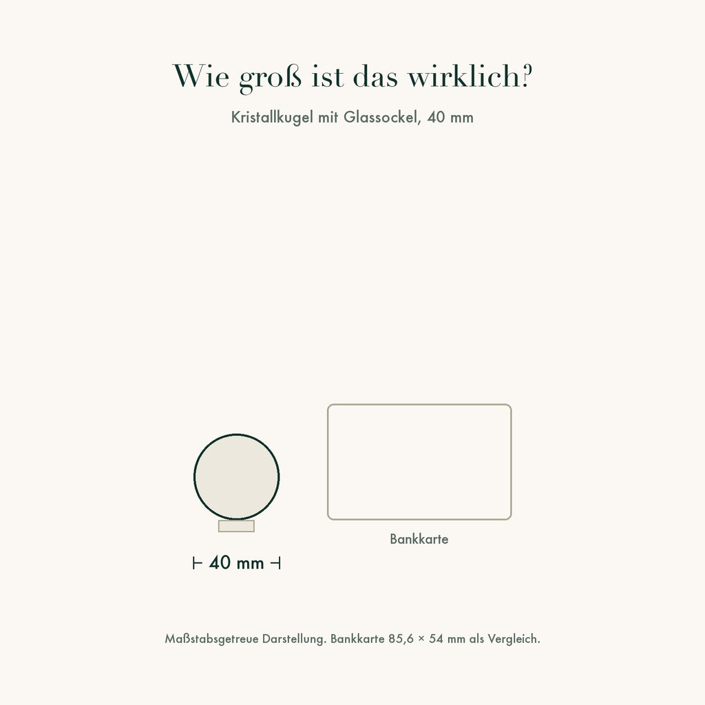 Größenvergleich: Kristallkugel 40 mm neben einer Bankkarte, maßstabsgetreu