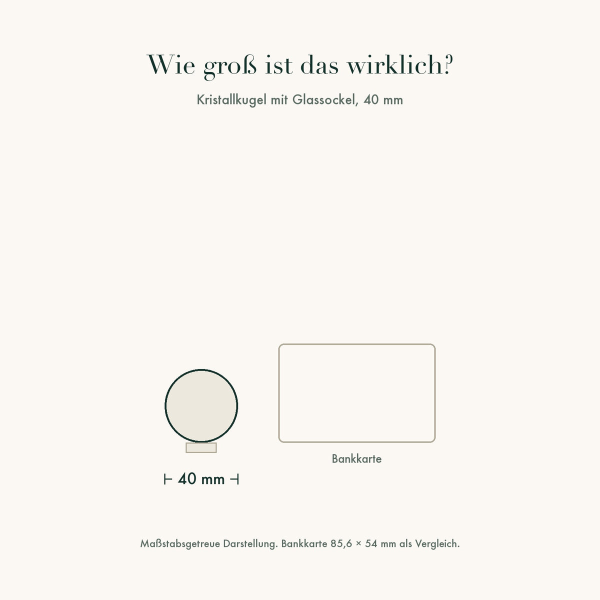 Größenvergleich: Kristallkugel 40 mm neben einer Bankkarte, maßstabsgetreu