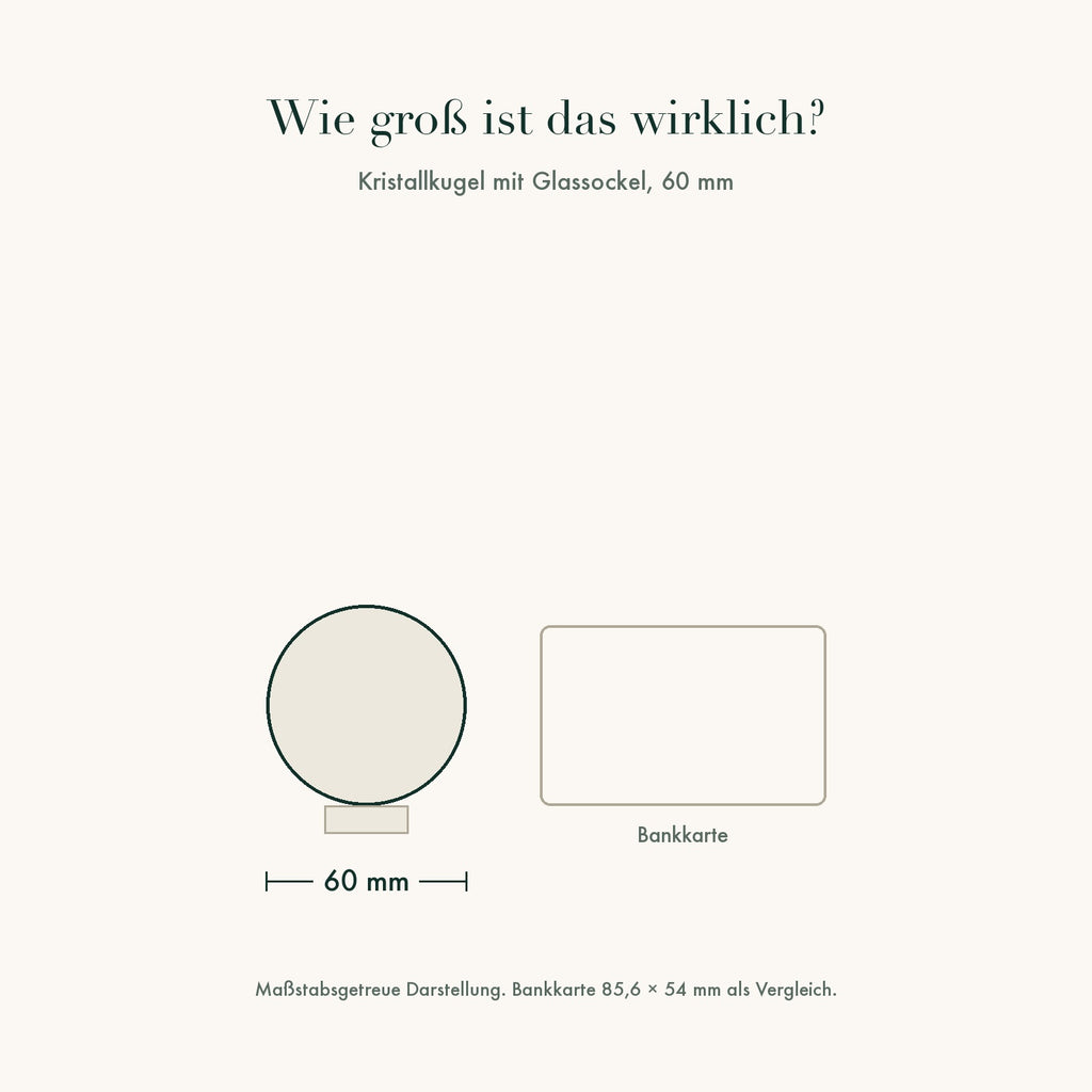 Größenvergleich: Kristallkugel 60 mm neben einer Bankkarte, maßstabsgetreu