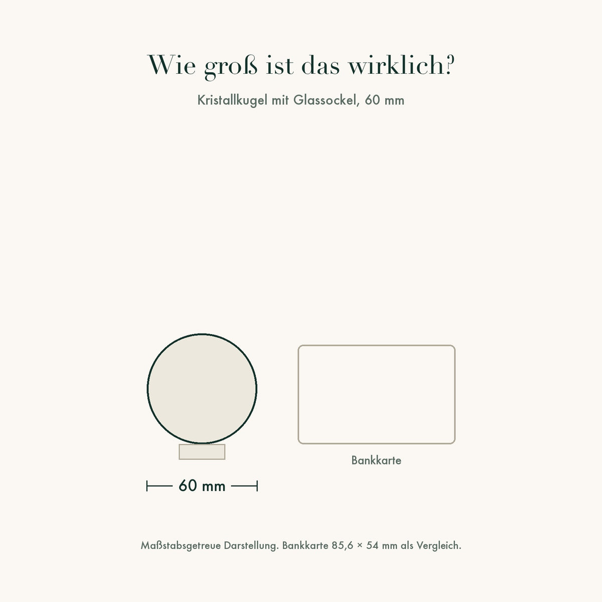 Größenvergleich: Kristallkugel 60 mm neben einer Bankkarte, maßstabsgetreu