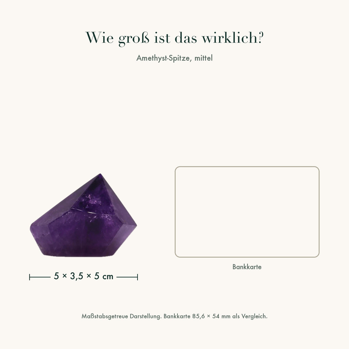Größenvergleich: Amethyst-Spitze mittel neben einer Bankkarte, maßstabsgetreu
