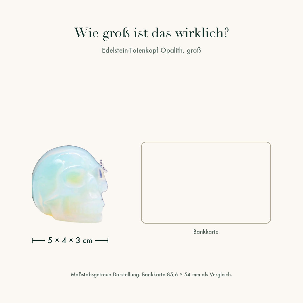 Größenvergleich: Edelstein-Totenkopf Opalith groß neben einer Bankkarte, maßstabsgetreu