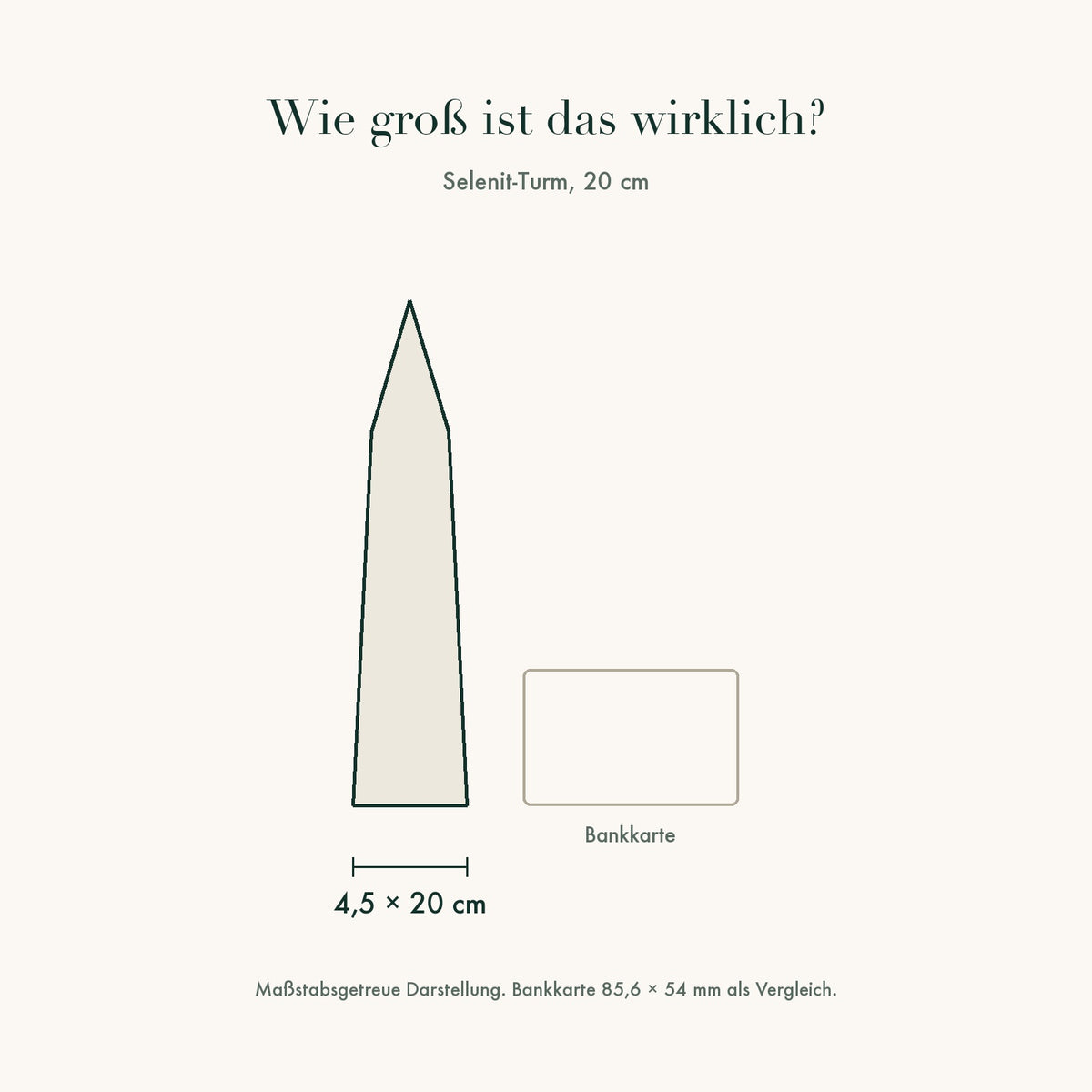 Größenvergleich: Selenit-Turm 20 cm neben einer Bankkarte, maßstabsgetreu