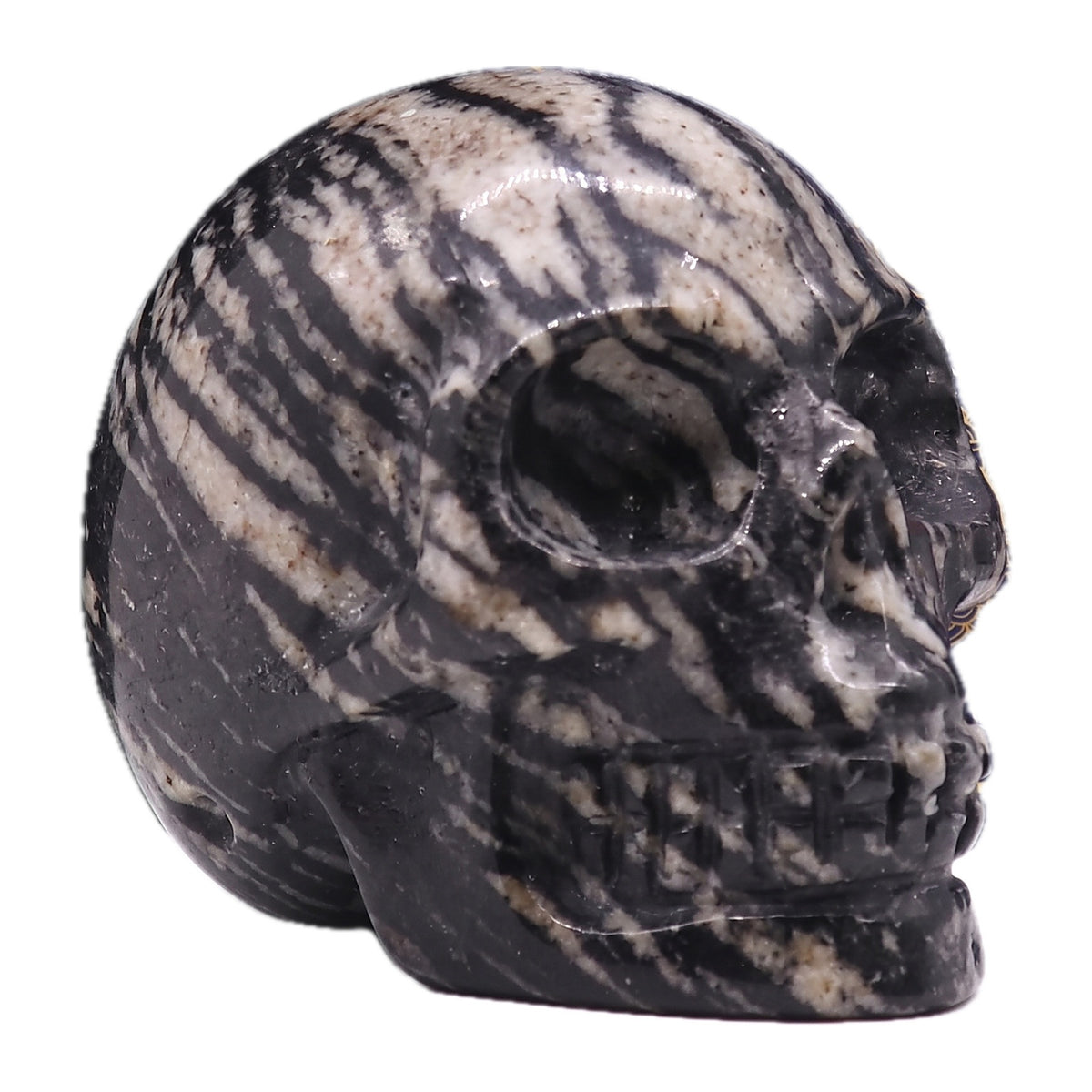 Edelstein-Totenkopf aus dunklem Netzstein, klein, seitliche Ansicht