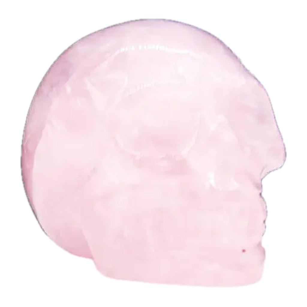 Edelstein-Totenkopf aus Rosenquarz, klein, seitliche Ansicht