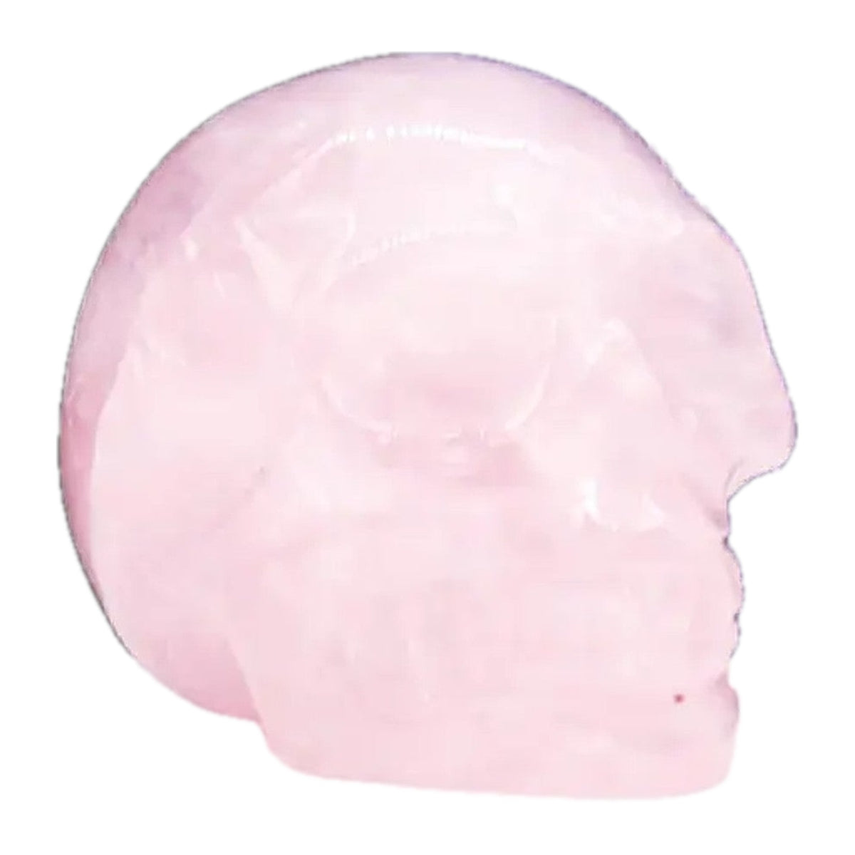 Edelstein-Totenkopf aus Rosenquarz, klein, seitliche Ansicht