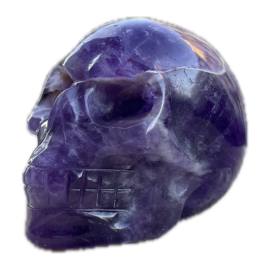 Edelstein-Totenkopf aus Amethyst, groß, Seitenansicht mit Zahnreihe